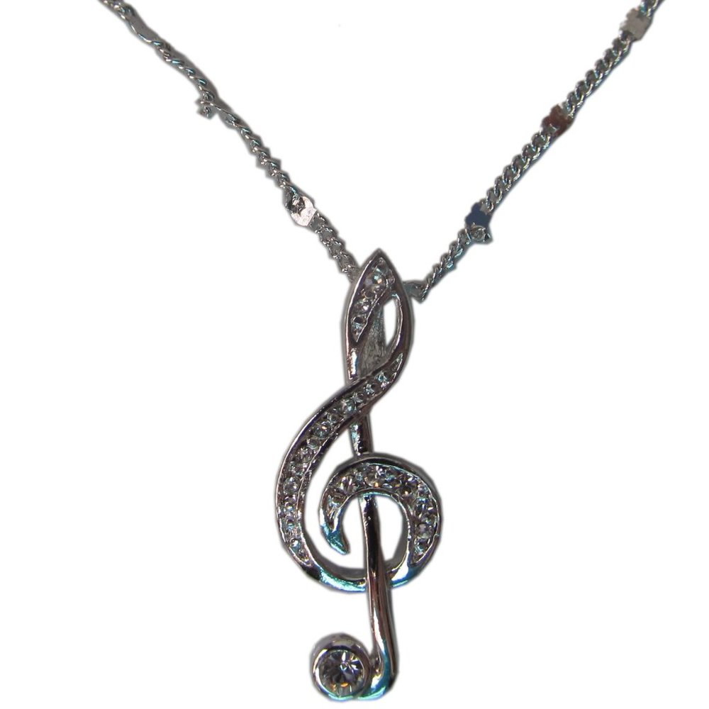 Silver Treble G Clef Music Note Necklace Crystal Accents Pendant Musician